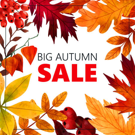 Fall leaves frame, autumn banner, hand drawn artのイラスト素材