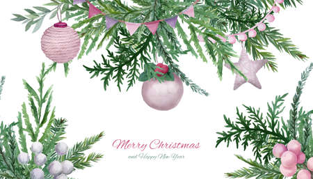 Spruce branches with christmas toys and garlands.のイラスト素材