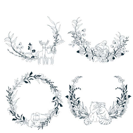 Set of four delicate floral wreaths, line artのイラスト素材