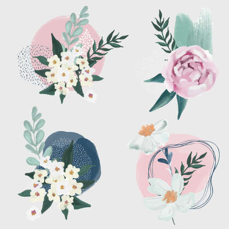 Set of 4 floral compositions with abstract elementのイラスト素材