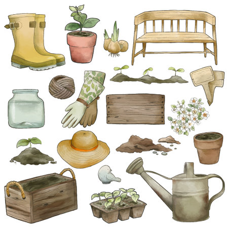 Gardening tools set, vintage watercolor art, hand drawnのイラスト素材