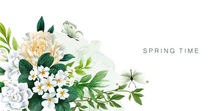 Lush white floral background, hand drawn vectorのイラスト素材