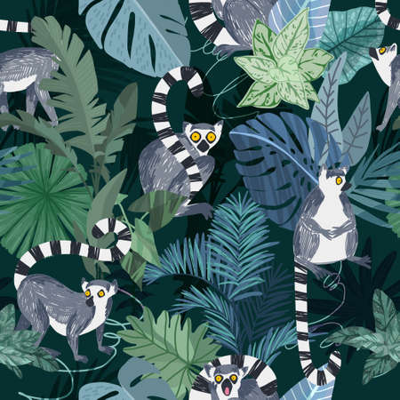 Seamless pattern with cute lemurs and leavesのイラスト素材