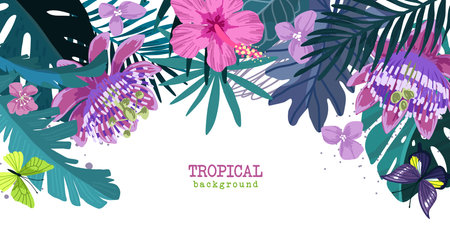 Tropical floral background, hand drawn cartoon artのイラスト素材