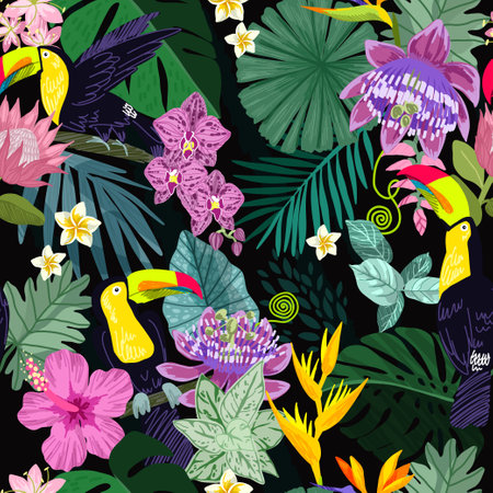 Tropical seamless pattern, hand drawn vector artのイラスト素材