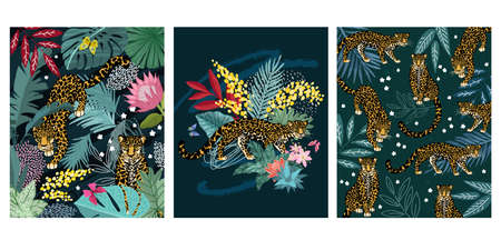 Set of three cards with tropical leaves and jaguarのイラスト素材