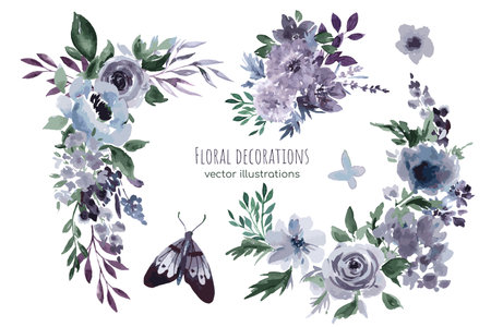 Purple floral watercolor decoration, vector illustrationのイラスト素材