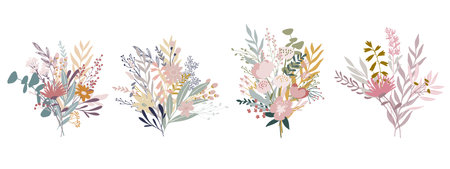 Various Floral Bouquets Arranged Side by Side, pastel colorsのイラスト素材