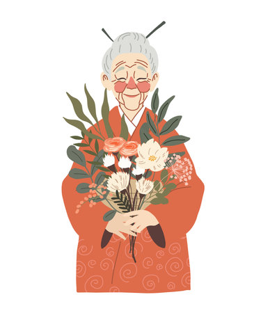 Elderly Japanese Woman Holding Bouquet of Flowersのイラスト素材