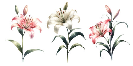 Set of three lily flowers, Vintage botanicalのイラスト素材