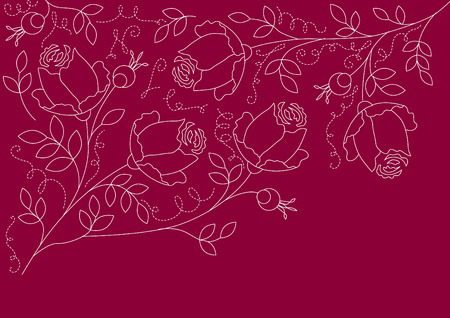 Floral red background with contour of rosesのイラスト素材