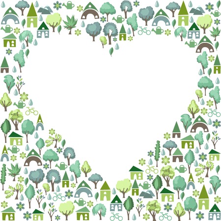 Blank heart made of green trees and country housesのイラスト素材