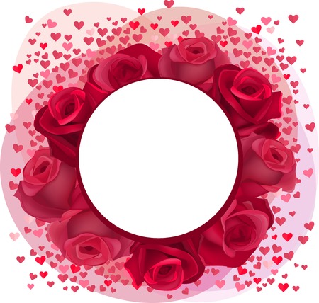 Blank romantic frame with red roses and pink confetti heartsのイラスト素材