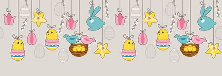 Seamless horizontal border with hanging eggs and rabbits