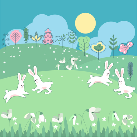 Meadow with spring flowers and stylized funny rabbitsのイラスト素材