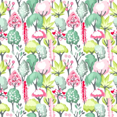 Seamless pattern with blossoming stylized simple trees