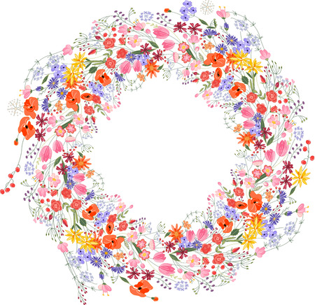 Vintage round frame with contour field flowers isolated on whiteのイラスト素材