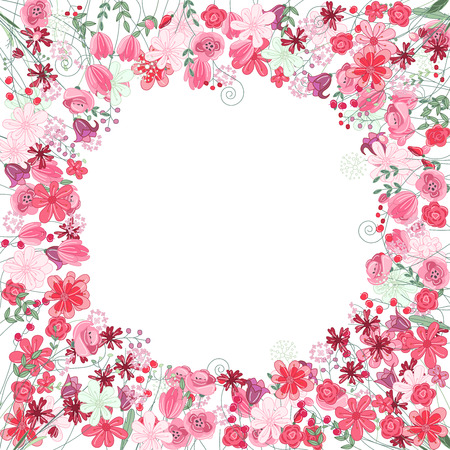 Vintage round frame with contour red flowers isolated on whiteのイラスト素材