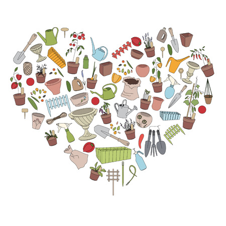 Round template with gardening tools, flower pots,herbs and vegetablesのイラスト素材