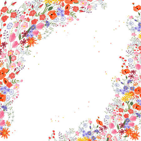 Vintage square frame with contour field flowers on whiteのイラスト素材