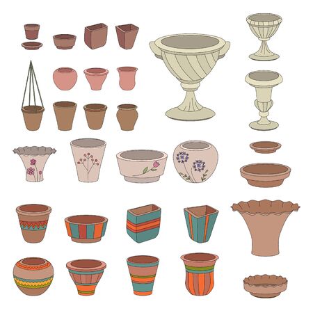 Gardening flowerpots. Pots for plants growing on window sills isolated on whiteのイラスト素材