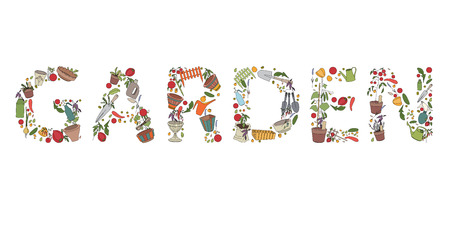 Title Garden made of garden tools and plants on white.のイラスト素材