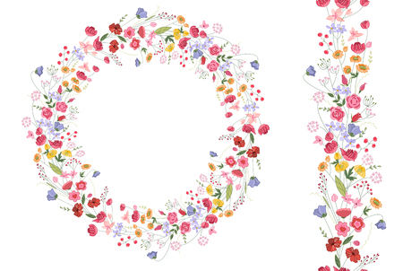 Detailed contour wreath with herbs and bright wild stylized flowers isolated on white. Round frame for your design, greeting cards, wedding announcements, posters. Seamless pattern brush.のイラスト素材