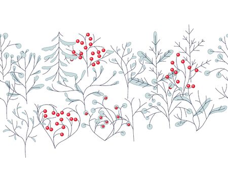 Endless pattern brush with contour winter trees isolated on white. For season design, announcements, postcards, posters.のイラスト素材