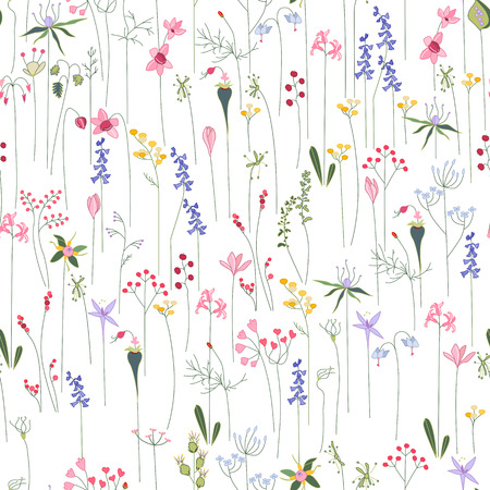 Seamless bright floral pattern with  different flowers. Endless texture for design, announcements, postcards, posters.のイラスト素材
