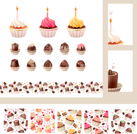 Set with different muffins and sweetmeats. Birthday cakesのイラスト素材