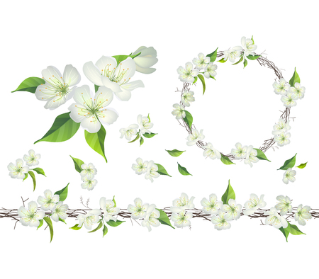 Blossoming branch of apple tree. Endless patttern brush, round garland.のイラスト素材