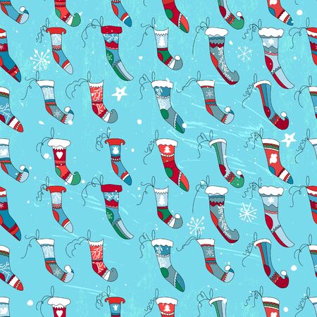 Seamless vintage blue pattern with traditional Christmas Santa socks. Endless texture for your design, announcements, greeting cards, postcards, posters.のイラスト素材