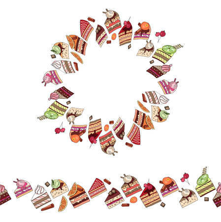 Round frame and endless pattern brush made of cake slices. For your design,  announcements, postcards, posters.のイラスト素材