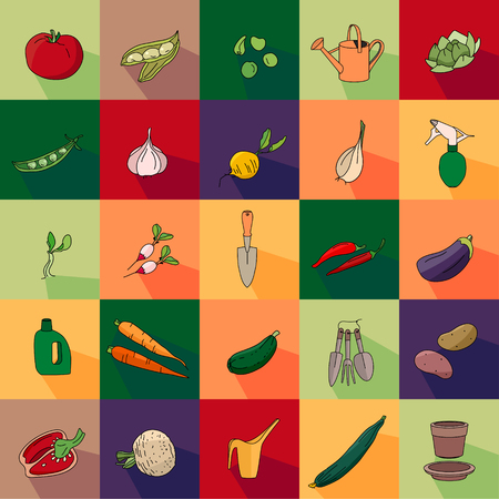 Seamless pattern with different vegetables and garden tools. Endless texture for your design, announcements, postcards, posters, advetisement.のイラスト素材