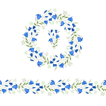 Floral round garland and endless pattern brush made of bluebells. Flowers for romantic and easter design, decoration,  greeting cards, posters, advertisement.のイラスト素材