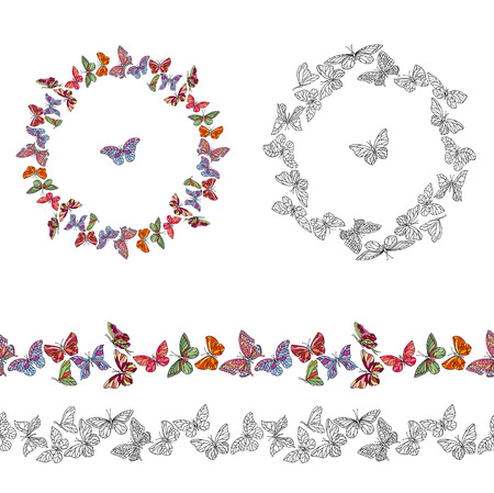 Frame made of different butterflies. Seamless pattern brushes.  For your design, announcements, greeting cards, posters.のイラスト素材