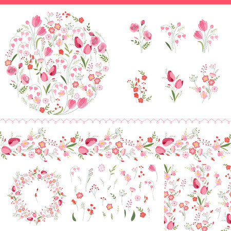 Floral spring elements with cute bunches of tulips and roses. Endless horizontal  pattern brush. For romantic and easter design, announcements, greeting cards, posters, advertisement.のイラスト素材