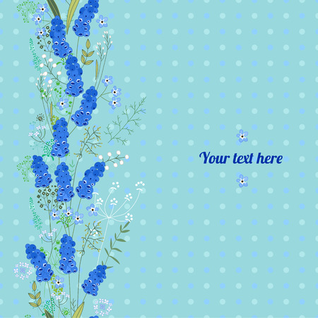 Floral spring template with cute bunches of muscari. For romantic and easter design, announcements, greeting cards, posters, advertisement.のイラスト素材