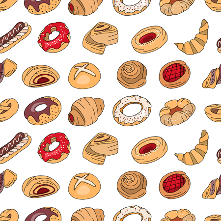 Seamless pattern with different  pastry. Different taste and color.のイラスト素材