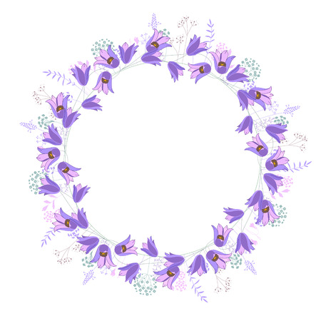 Round frame with contour blue flowers on whiteのイラスト素材