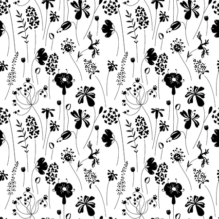 Seamless pattern with stylized herbs and plants. Black and white silhouette.のイラスト素材