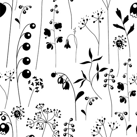 Seamless pattern with stylized herbs and plants. Black and white silhouette.のイラスト素材