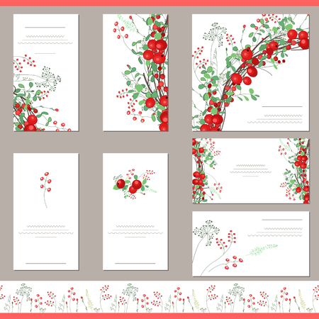 Floral templates with red berries. Endless horizontal pattern brush with growing plants.のイラスト素材
