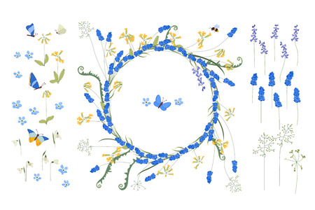 Detailed contour wreath with muscari and primrose flowers isolated on white. Round frame for your design, greeting cards, announcements, posters.のイラスト素材