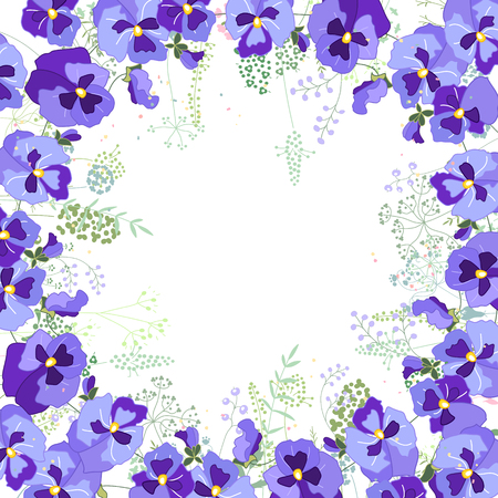 Square frame with contour viola and herbs on white. Pattern with flowers for your summer design, floral greeting cards, posters.のイラスト素材