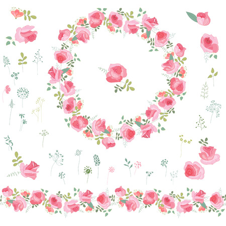Floral wreath with  roses and herbs isolated on white. Endless horizontal pattern brush. Objects for your design, greeting cards, wedding announcements, posters.のイラスト素材
