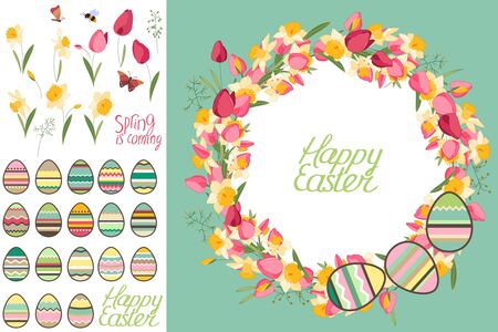 Spring greeting card. Phrase Happy Easter. Spring flowers, eggs and butterflies. Template for your design, festive greeting cards,  announcements, posters.のイラスト素材