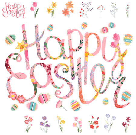 Spring set. Phrase Happy Easter made of flowers. Painted eggs, spring flowers,tulips, herbs. Objects for your design, festive greeting cards,  announcements, posters.のイラスト素材
