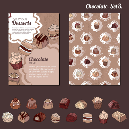 Template with different kinds of chocolate candies - milk,dark,white chocolate.   For your design, announcements, cards, posters, restaurant menu.のイラスト素材