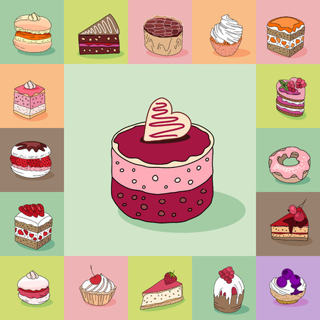 Template with different kinds of delicious desserts. Various taste. For restaurant design, posters, announcements, cafe menu etc.のイラスト素材